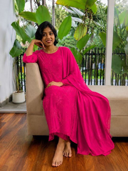 Premium Mul Chanderi 3-Piece Set | Elegant French-knot Embroidered Kurta, Pant & Dupatta