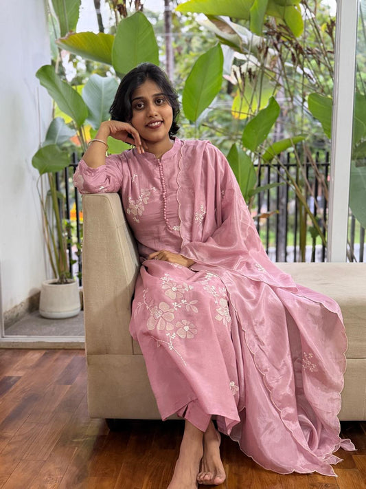 Premium Russian Silk Embroidered Collared Neck 3-Piece Kurta Set | Elegant Kurta, Pant & Dupatta
