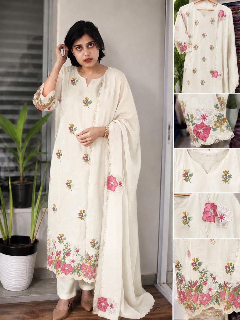 Premium Russian Silk Appliqué Embroidered 3-Piece Kurta Set | Designer Kurta, Pant & Dupatta