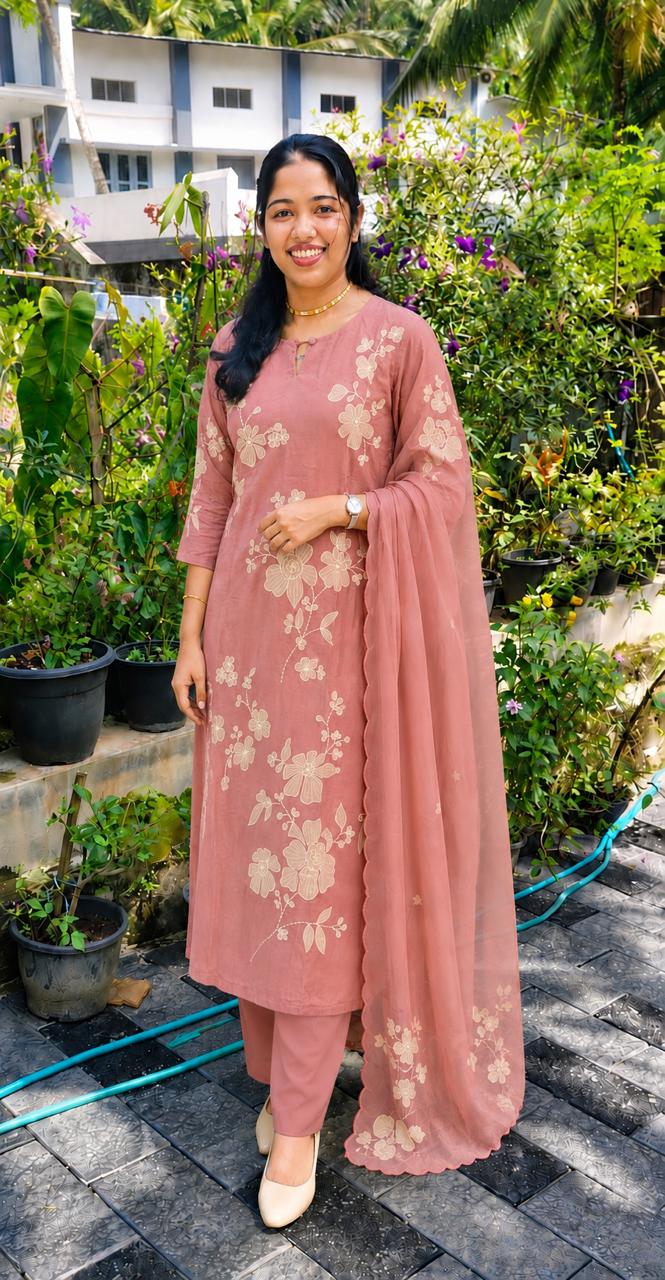 Premium Floral Appliqué Work Russian Silk 3-Piece Kurta Set | Elegant Kurta, Pant & Dupatta