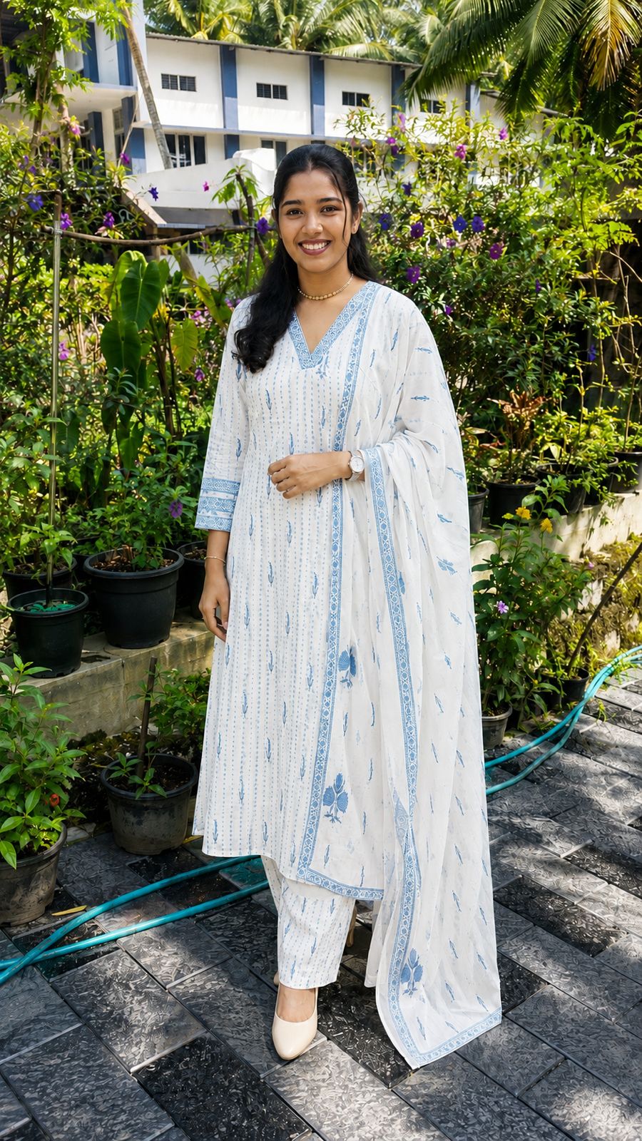Premium Cotton V-Neck 3-Piece Kurta Set | Elegant Kurta, Pant & Dupatta