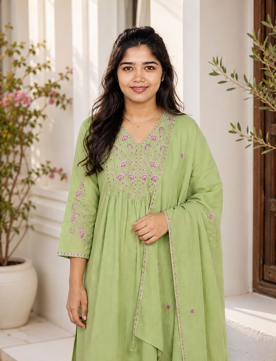 Premium Cotton V-Neck Embroidered 3-Piece Kurta Set | Elegant Kurta, Pant & Dupatta