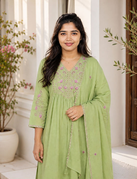 Premium Cotton V-Neck Embroidered 3-Piece Kurta Set | Elegant Kurta, Pant & Dupatta