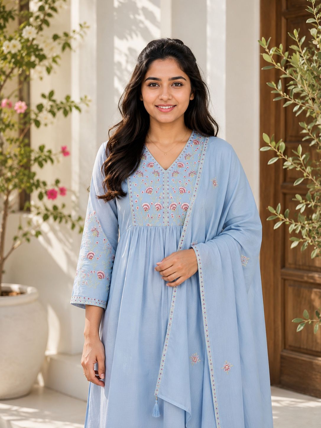 Premium Cotton V-Neck Embroidered 3-Piece Kurta Set | Elegant Kurta, Pant & Dupatta