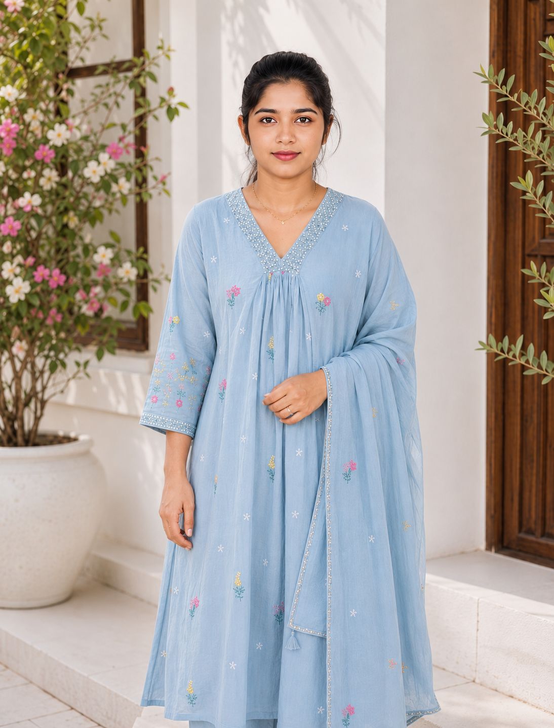 Premium Mul Chanderi Embroidered 3-Piece Kurta Set | Elegant Kurta, Pant & Dupatta