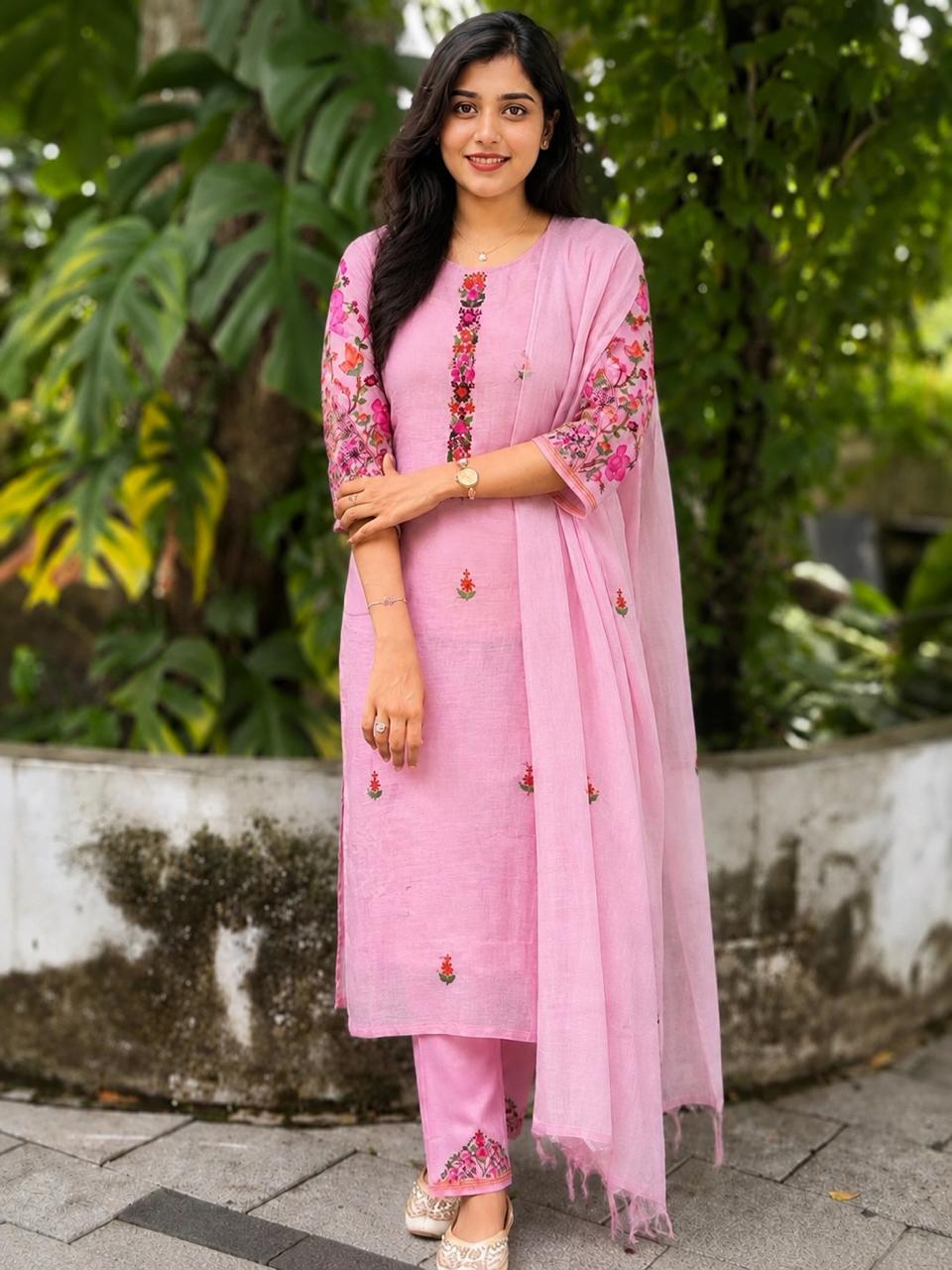 Hand Painted Embroidered Mul Chanderi Salwar Suit