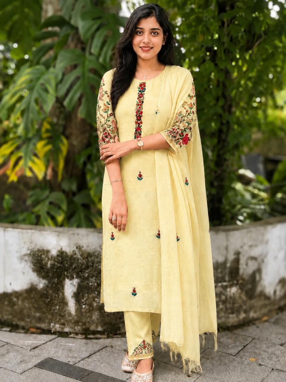 Hand Painted Embroidered Mul Chanderi Salwar Suit
