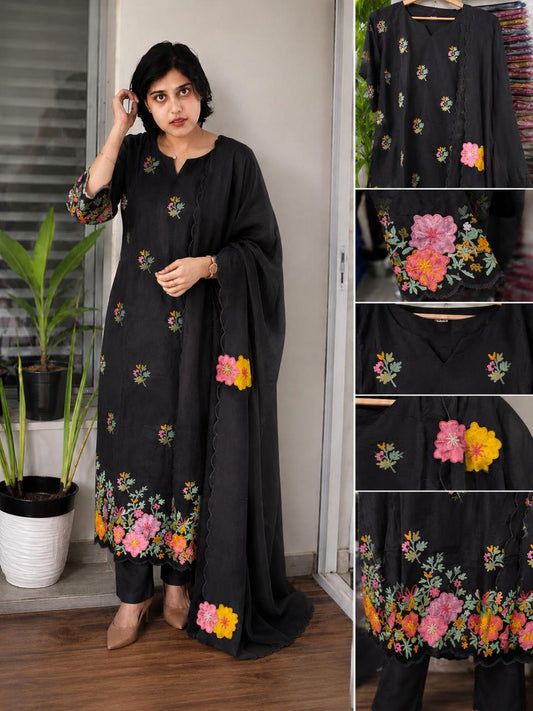 Premium Russian Silk Intricate Embroidered 3-Piece Kurta Set | Elegant Kurta, Pant & Dupatta