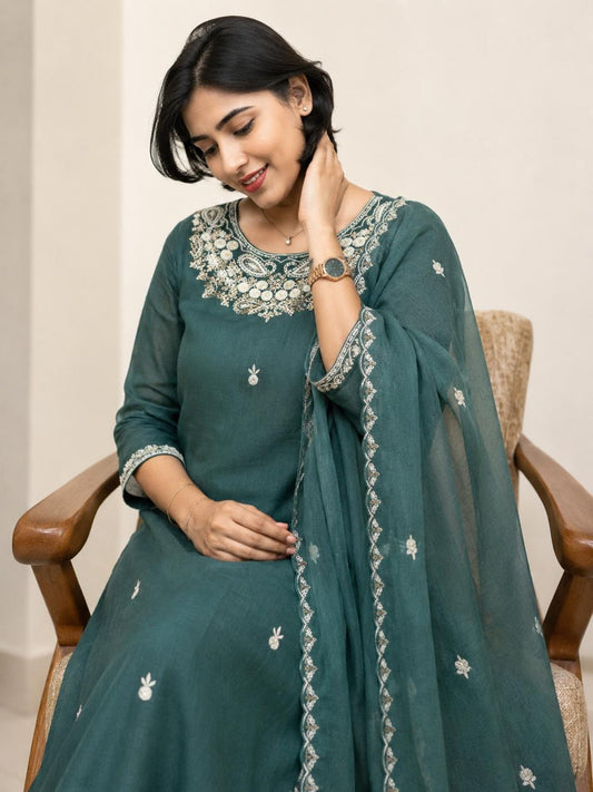 Premium Russian Silk Intricate Embroidered 3-Piece Kurta Set | Elegant Kurta, Pant & Dupatta