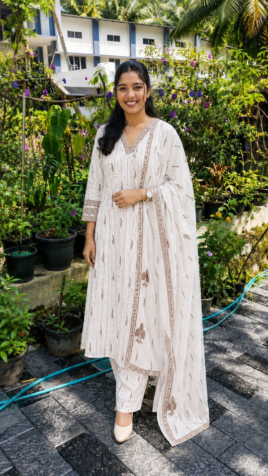 Premium Cotton V-Neck 3-Piece Kurta Set | Elegant Kurta, Pant & Dupatta