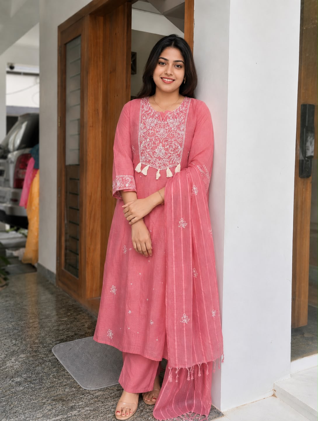Premium Mul Chanderi Kantha Embroidered 3-Piece Kurta Set | Elegant Kurta, Pant & Dupatta