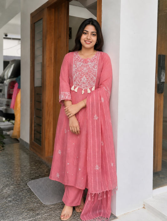 Premium Mul Chanderi Kantha Embroidered 3-Piece Kurta Set | Elegant Kurta, Pant & Dupatta