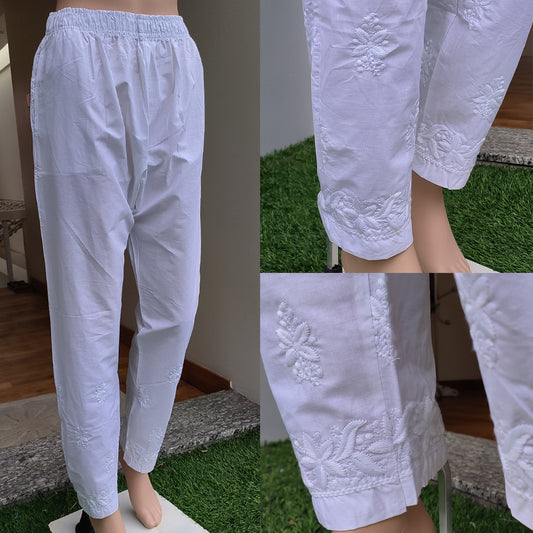 Women's Machine Chikan Cotton Trousers White
