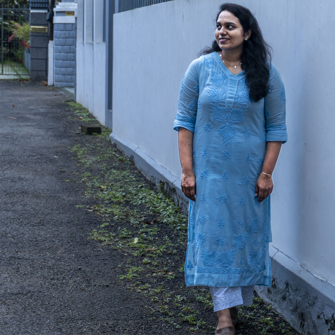 Pure Mull Cotton Chikankari Kurti – Power Blue (Top Only)