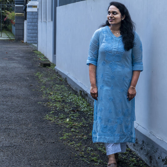 Pure Mull Cotton Chikankari Kurti – Power Blue (Top & Bottom)