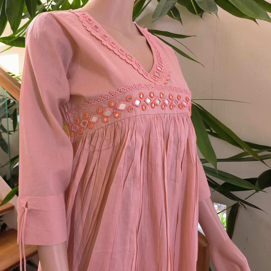 Elegant Pink Cotton Kurti with Cutwork Design