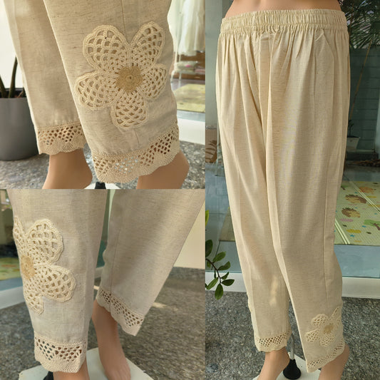 Elegant Cotton Pants with Crochet Details Beige
