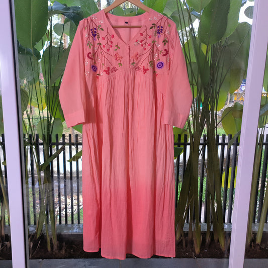 Embroidered Peach Boho Maxi Dress With Bottom.