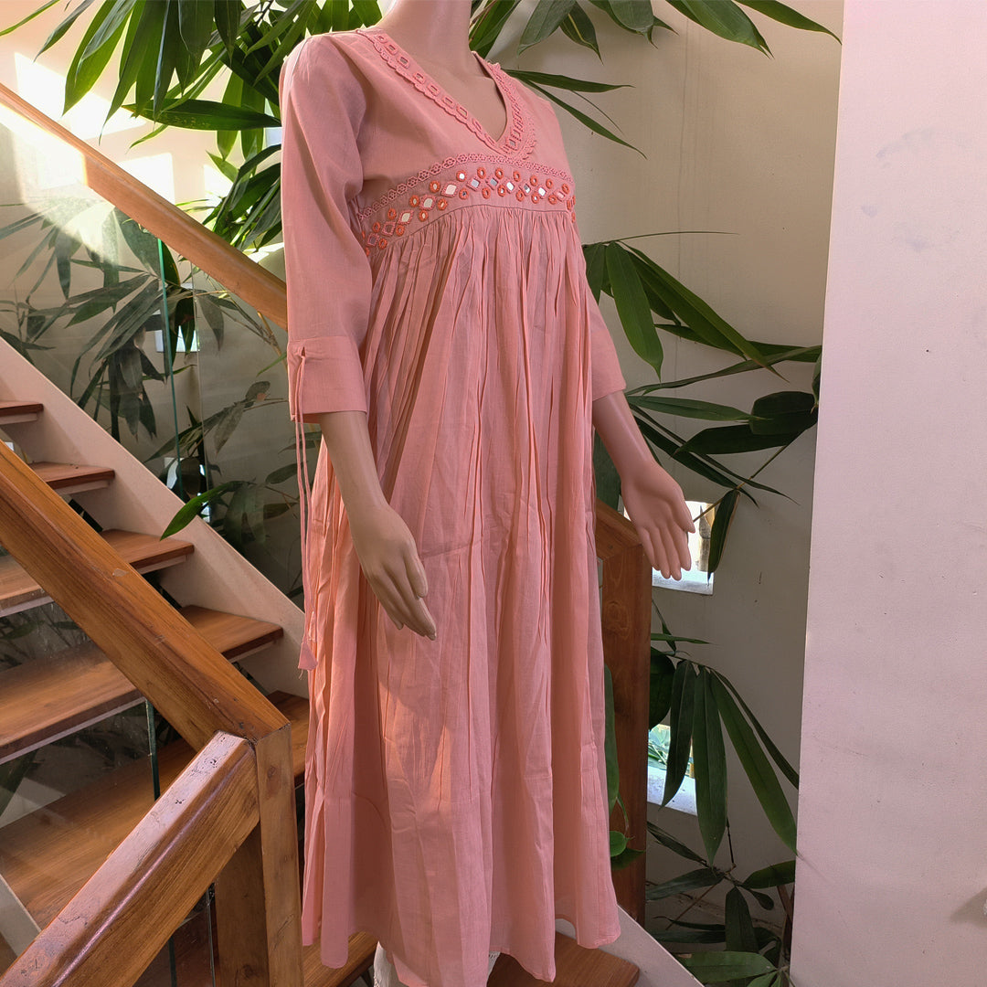 Elegant Pink Cotton Kurti with Cutwork Design