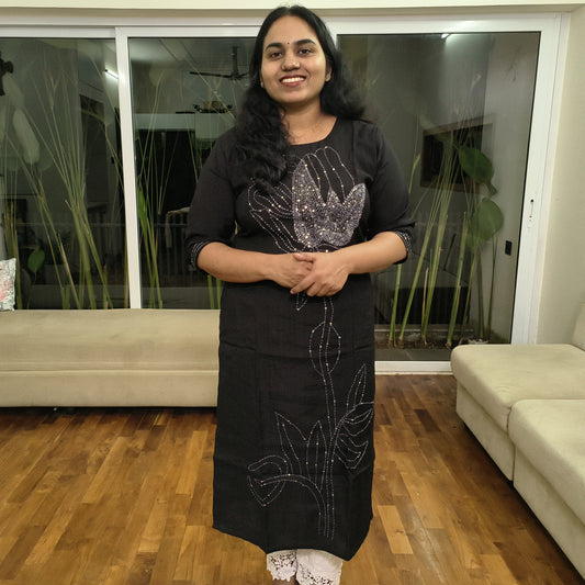 Elegant Black Khada Stitch Embroidered Semi-Silk Kurti