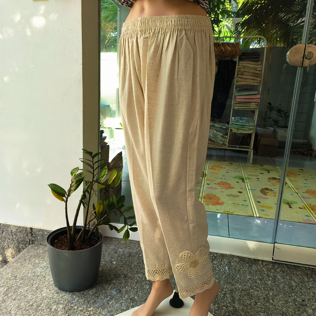 Elegant Cotton Pants with Crochet Details Beige