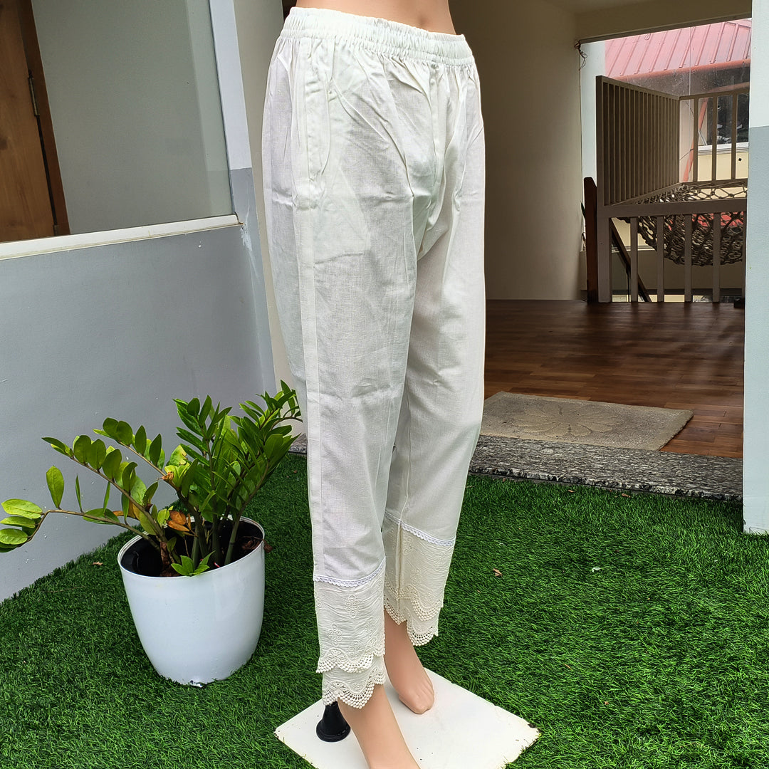 Women's Cotton Trousers with Lace work Off White
