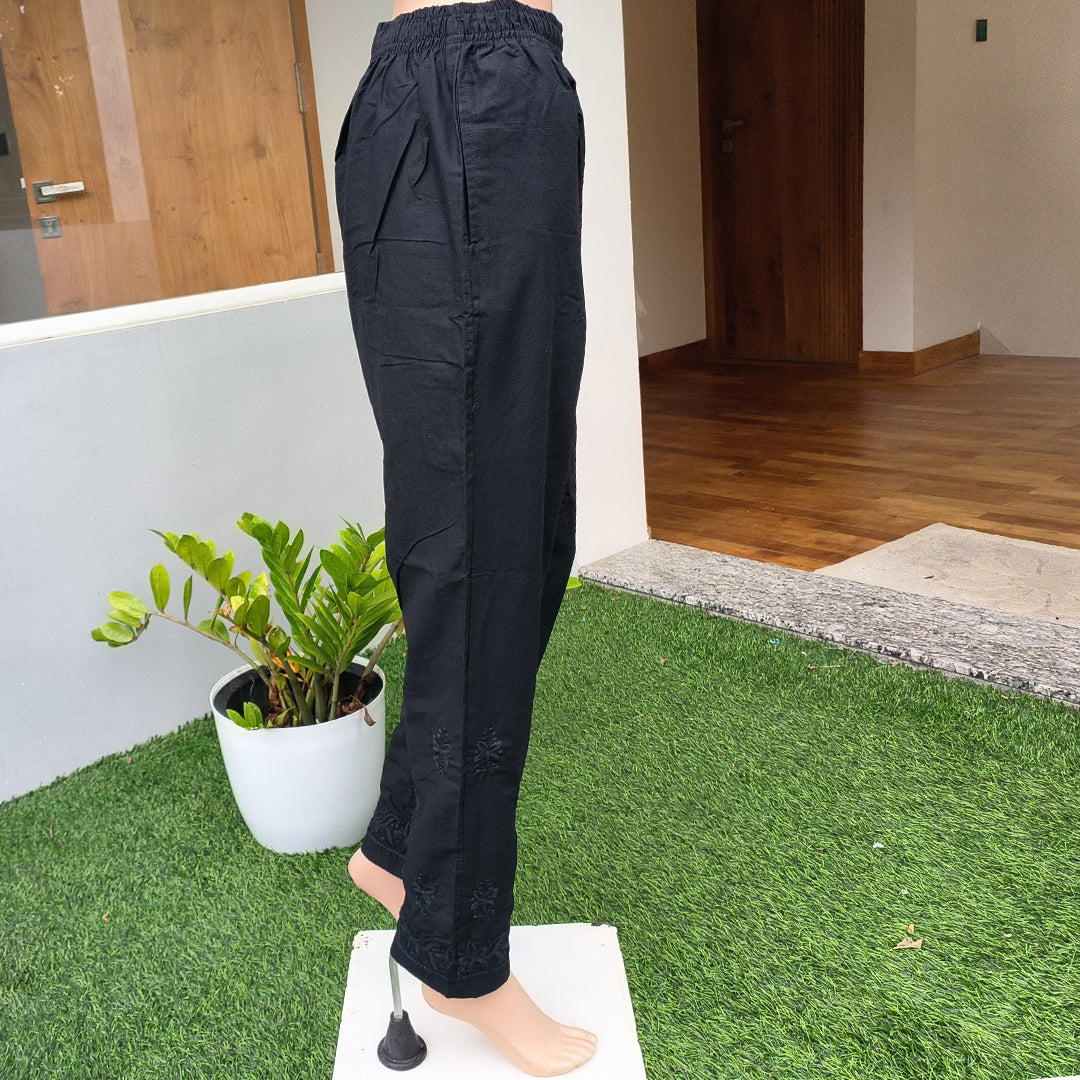 Women's Machine Chikan Cotton Trousers Black