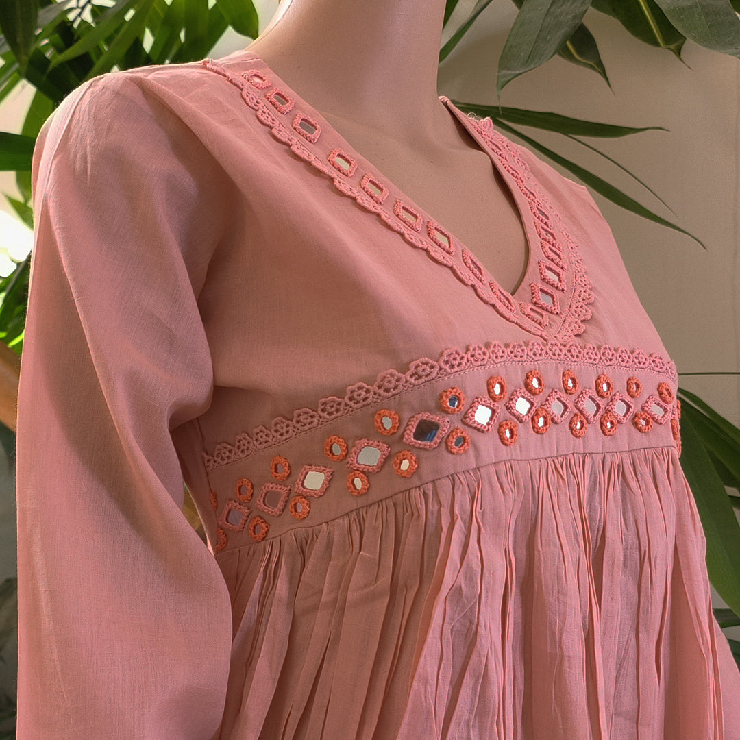 Elegant Pink Cotton Kurti with Cutwork Design