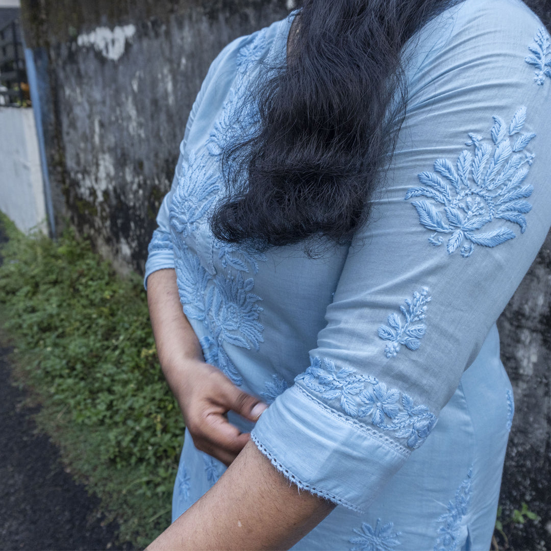 Pure Mull Cotton Chikankari Kurti – Power Blue (Top Only)