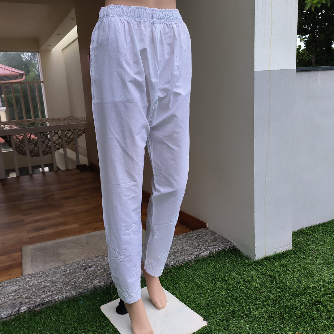 Women's Machine Chikan Cotton Trousers White