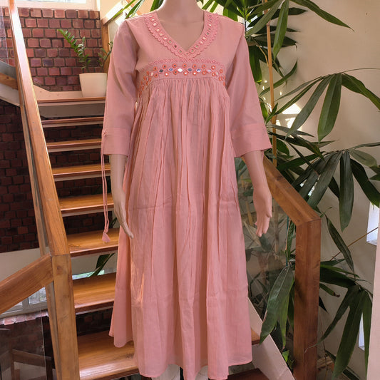 Elegant Pink Cotton Kurti with Cutwork Design