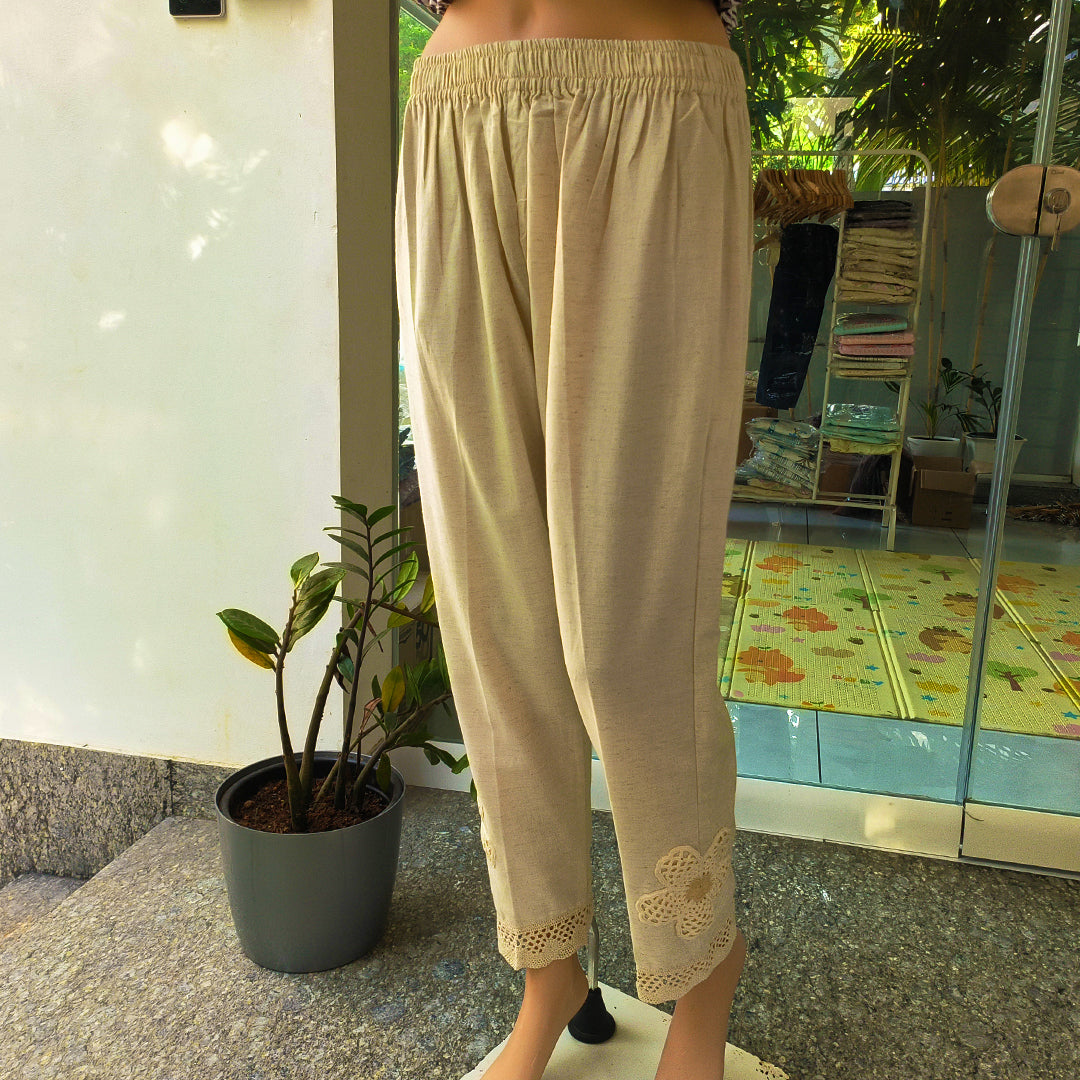 Elegant Cotton Pants with Crochet Details Beige
