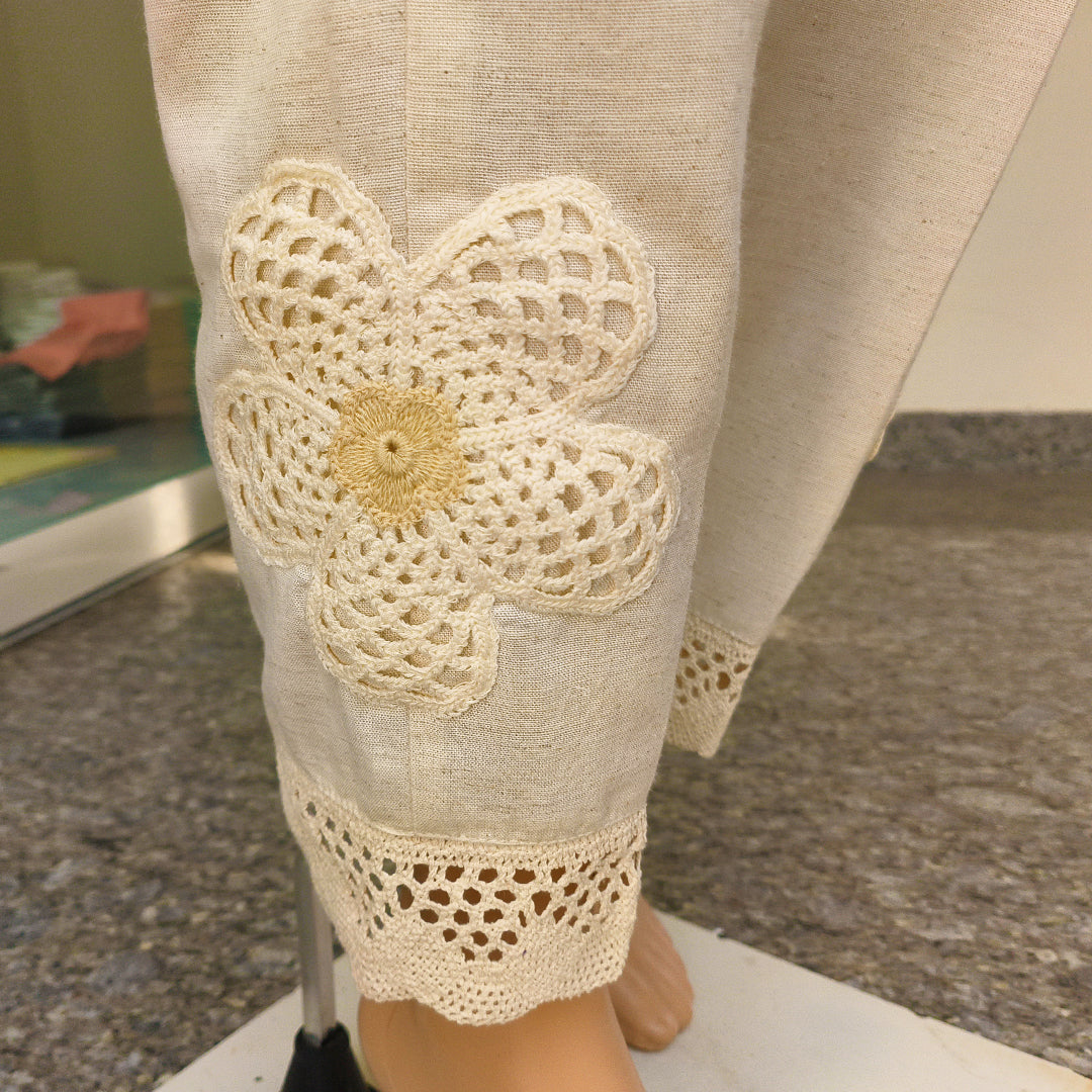Elegant Cotton Pants with Crochet Details Beige