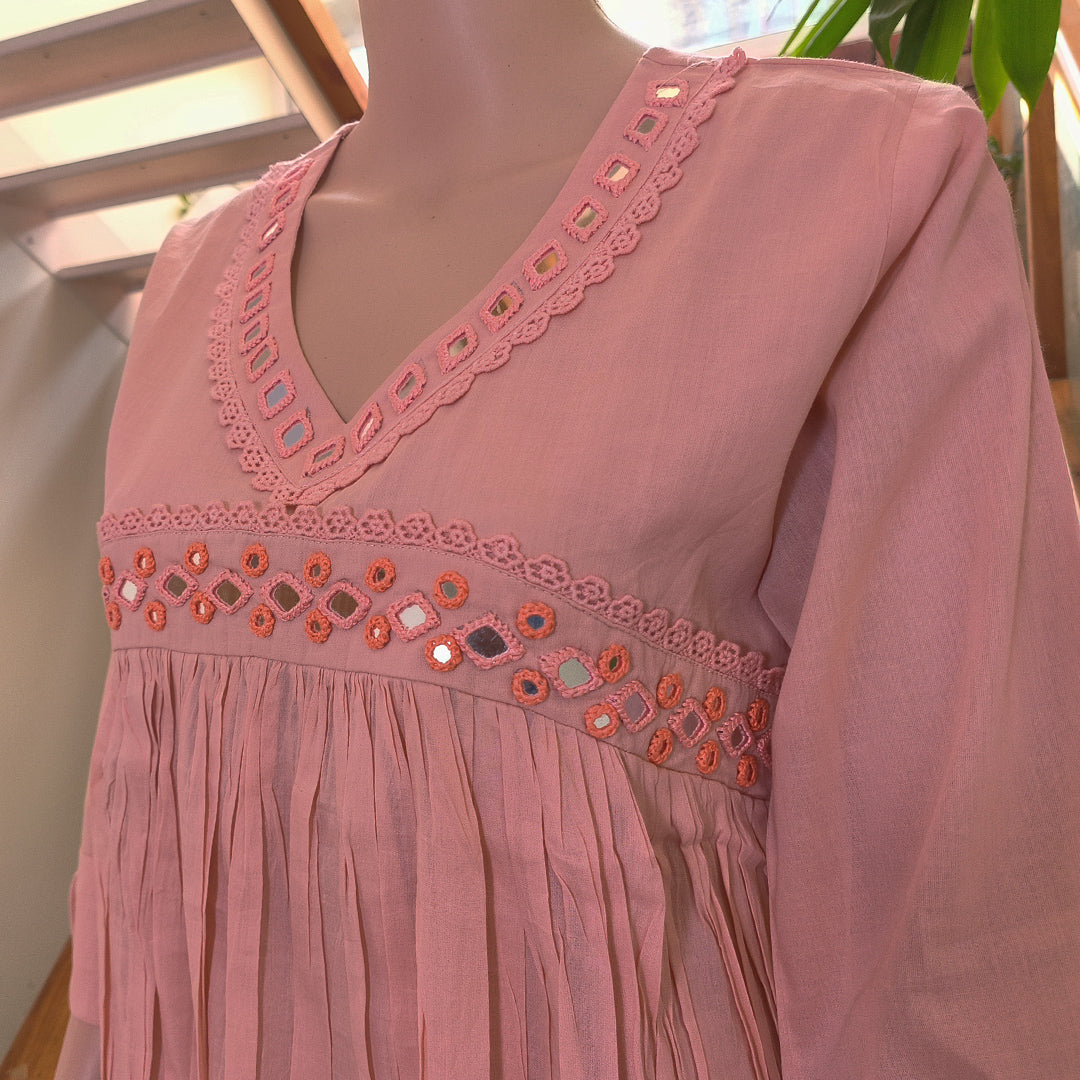 Elegant Pink Cotton Kurti with Cutwork Design