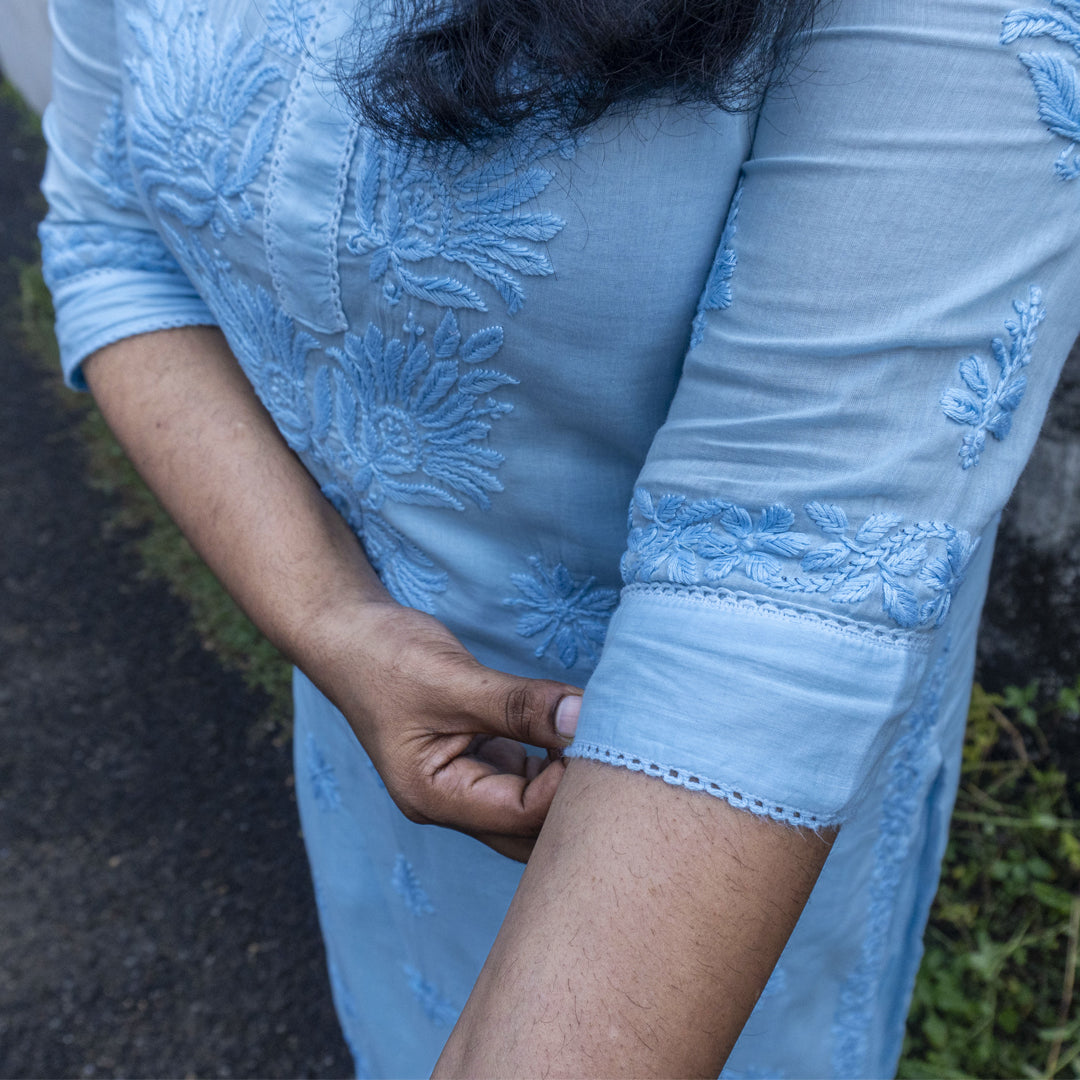 Pure Mull Cotton Chikankari Kurti – Power Blue (Top Only)