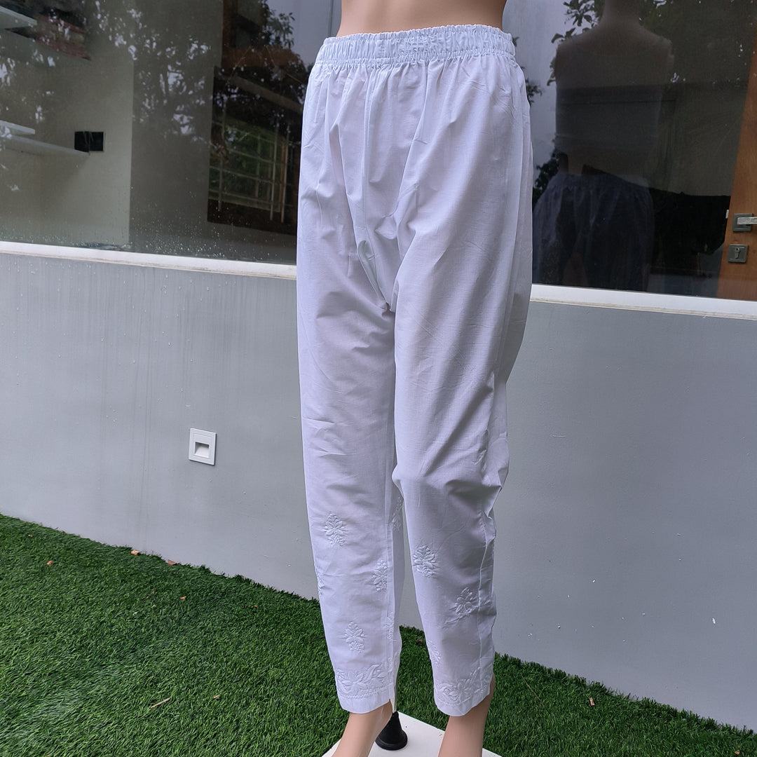 Women's Machine Chikan Cotton Trousers White