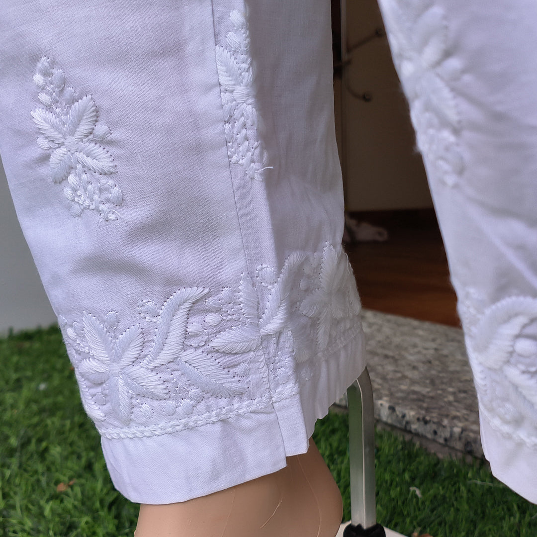 Women's Machine Chikan Cotton Trousers White