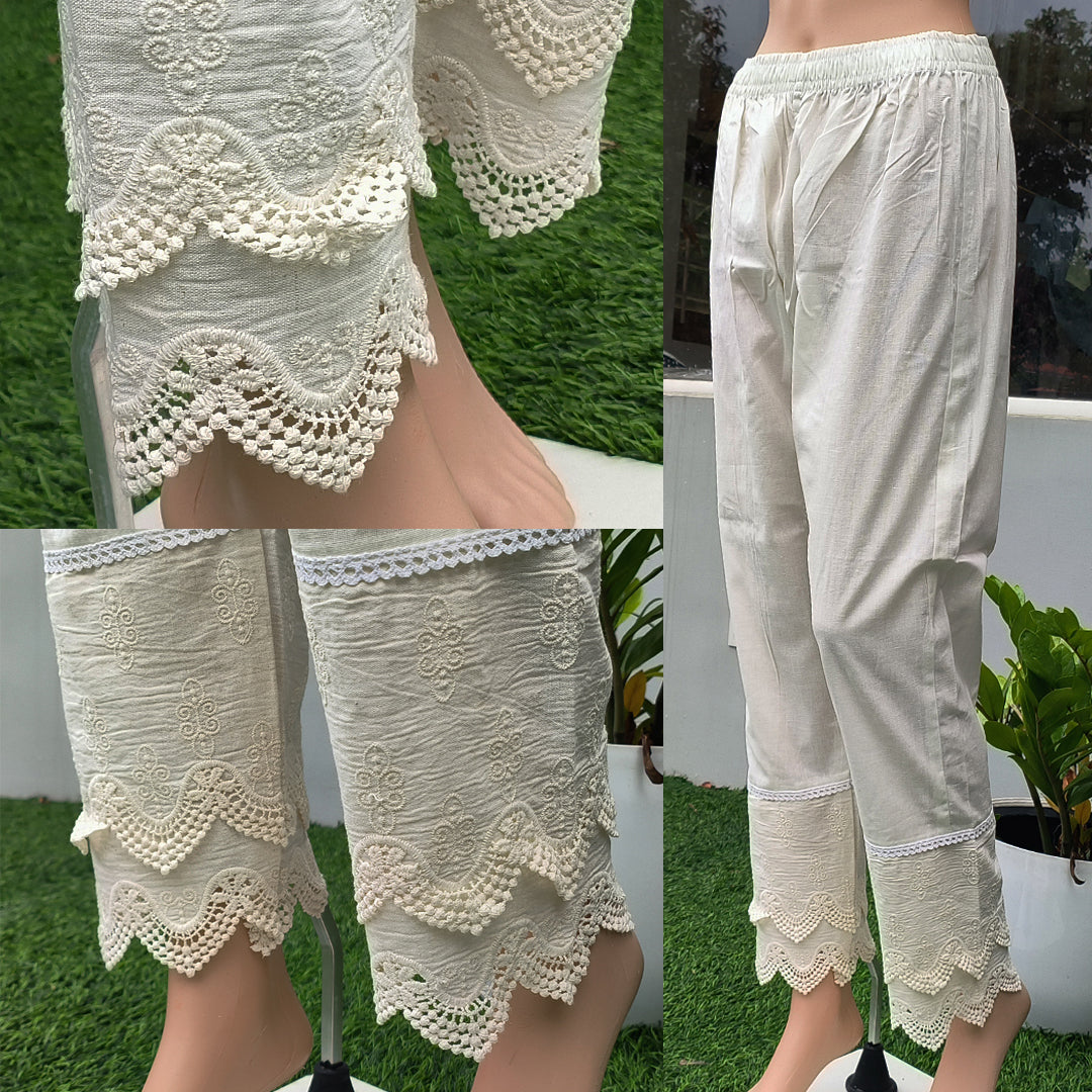 Women's Cotton Trousers with Lace work Off White