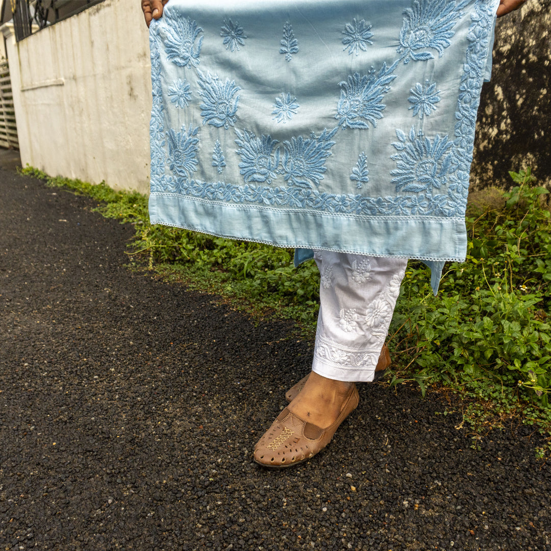 Pure Mull Cotton Chikankari Kurti – Power Blue (Top Only)