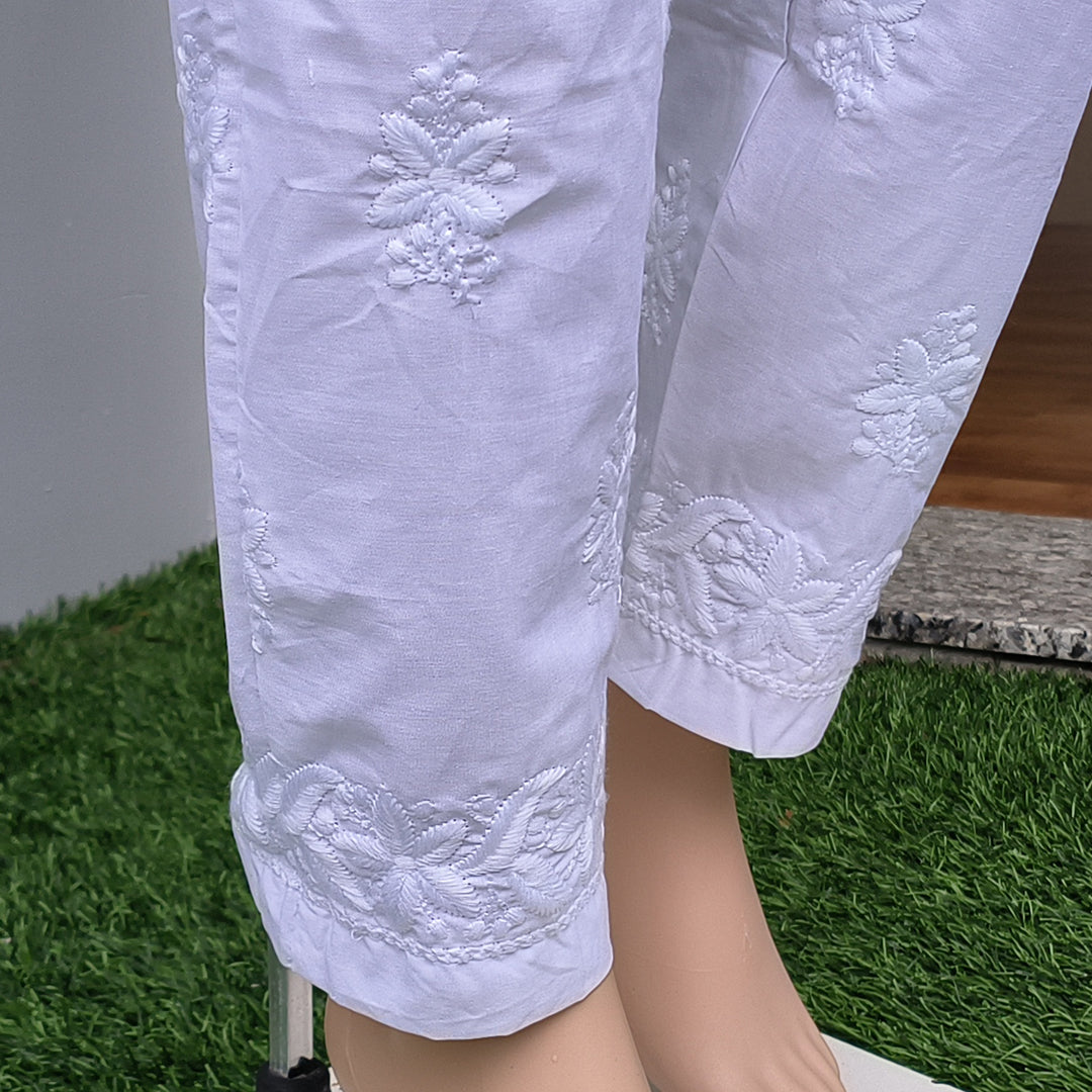Women's Machine Chikan Cotton Trousers White