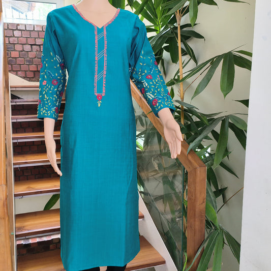 Elegant Semi-Silk Kurti with Hand-Embroidered Sleeves