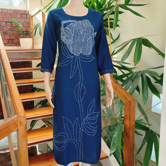 Elegant Navy Blue Khada Stitch Embroidered Semi-Silk Kurti