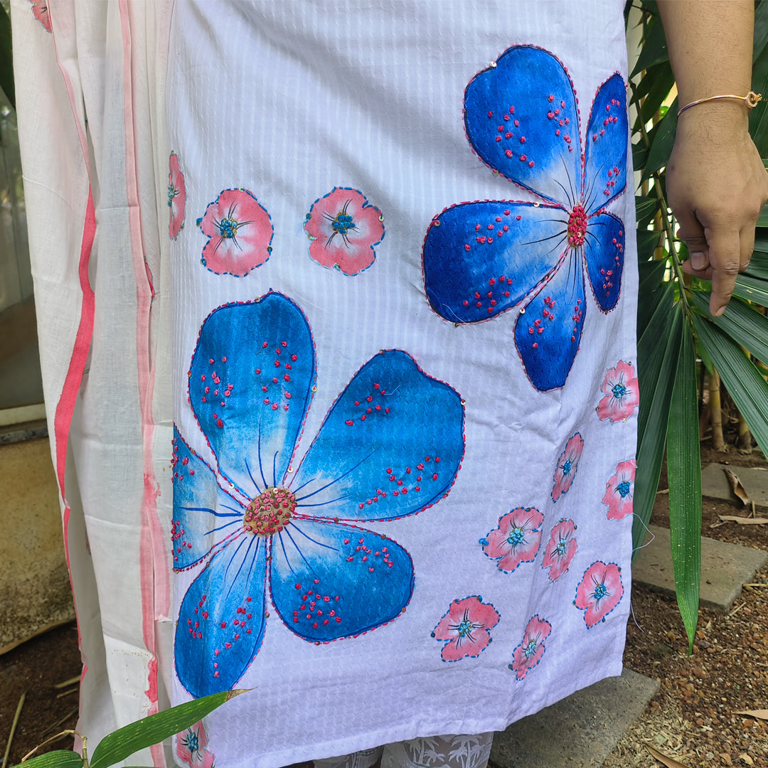 White Cotton Two-Piece Set with Blue & Coral Floral Print - Kurta, Matching Dupatta