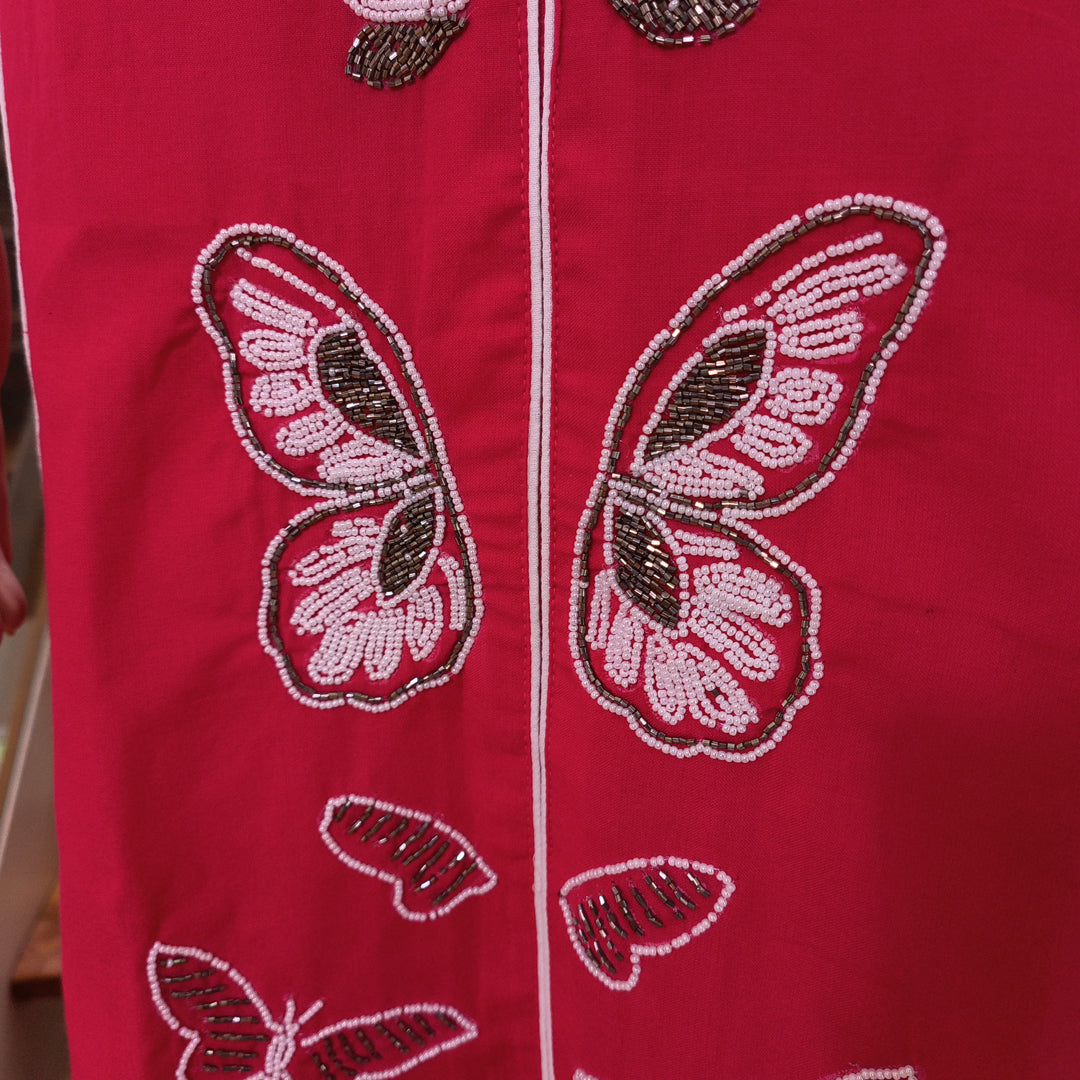 Stylish Red Butterfly Embroidered Kurti with Lace detailed Bottom.