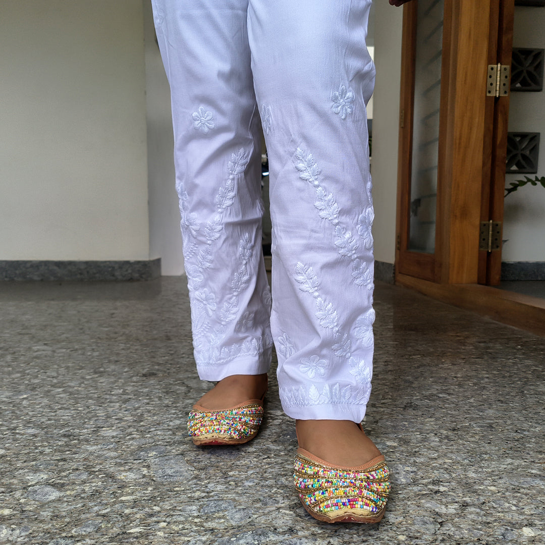 Classic Embroidered White Stretchable Pants