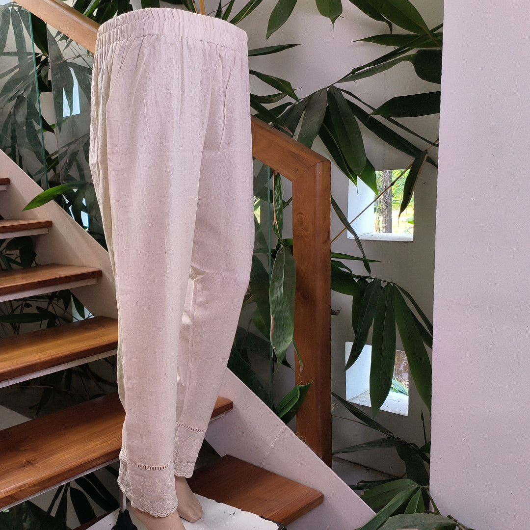 Women's Beige Khadi Cotton Bottom with Lace Detailing