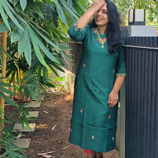 Embroidered Kurti Bottle Green