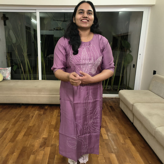 Elegant Lavender Khada Stitch Embroidered Semi-Silk Kurti