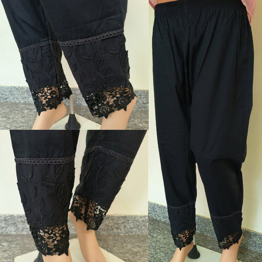 Women's Black Cotton Trousers with Applique Detailing Beige