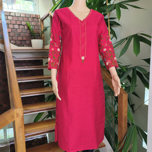 Elegant Semi-Silk Kurti with Hand-Embroidered Sleeves